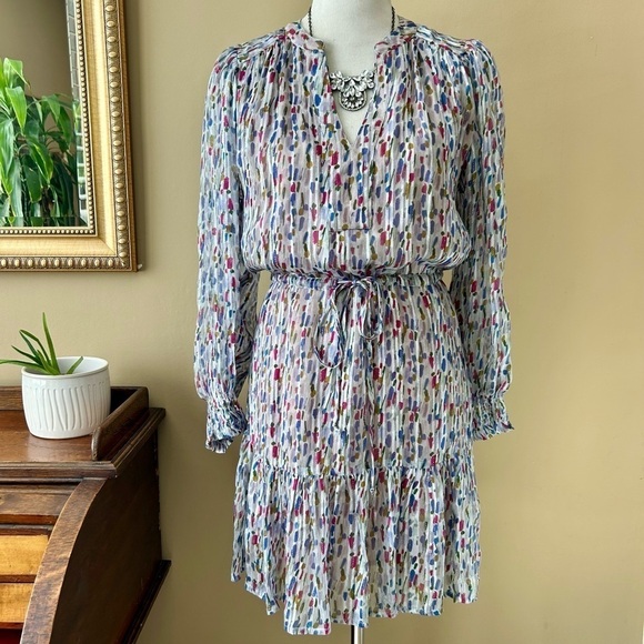 Velvet by Graham & Spencer Anastasia Printed Lurex Dress Long Sleeve Smocked S - Picture 3 of 16